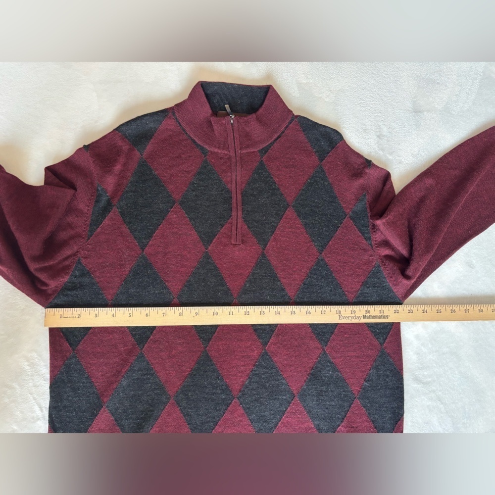 Toscano Sweater Zip-Up Argyle Pullover Burgundy Turtleneck Wool Size L Unisex - Picture 3 of 8